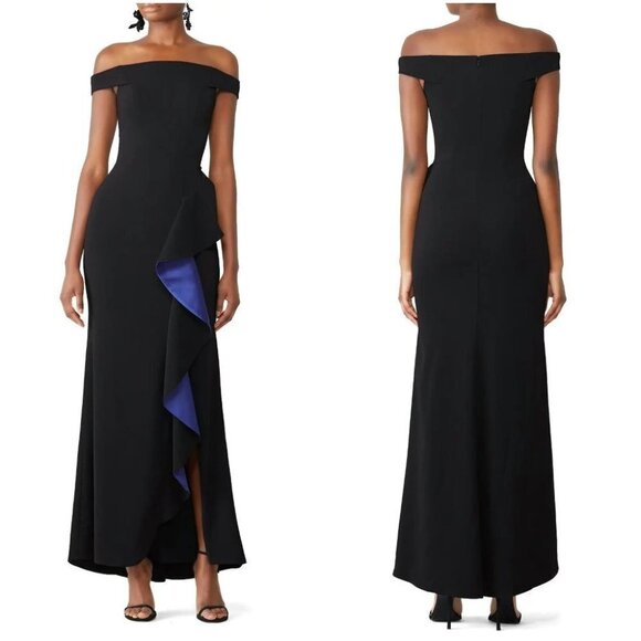 Slate & Willow Black Cobalt Contrast Ruffle Formal Gown $355 - Picture 1 of 10
